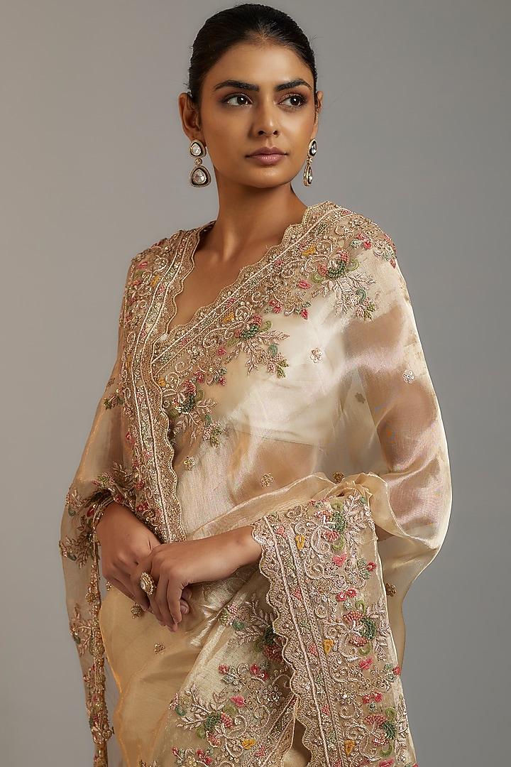 Gold Tissue Organza Sequins Embellished Bridal Saree Set by Kalighata at Pernia's Pop Up Shop