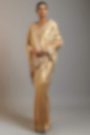 Gold Tissue Organza Sequins Embellished Reception Saree Set by Kalighata at Pernia's Pop Up Shop