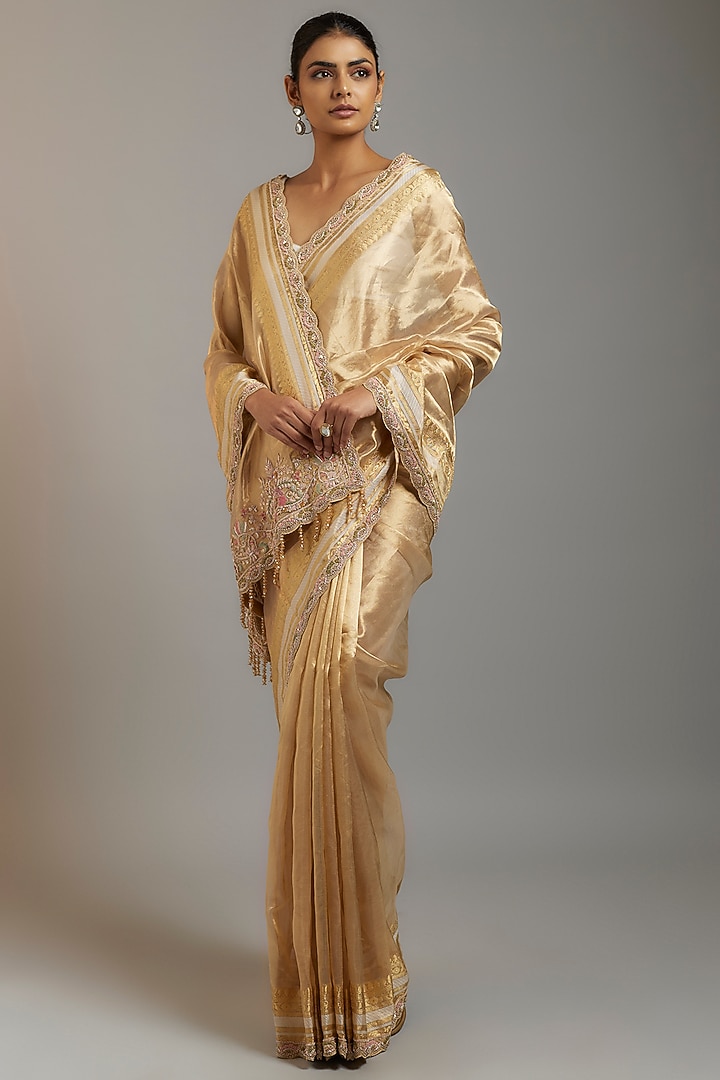 Gold Tissue Organza Sequins Embellished Reception Saree Set by Kalighata at Pernia's Pop Up Shop