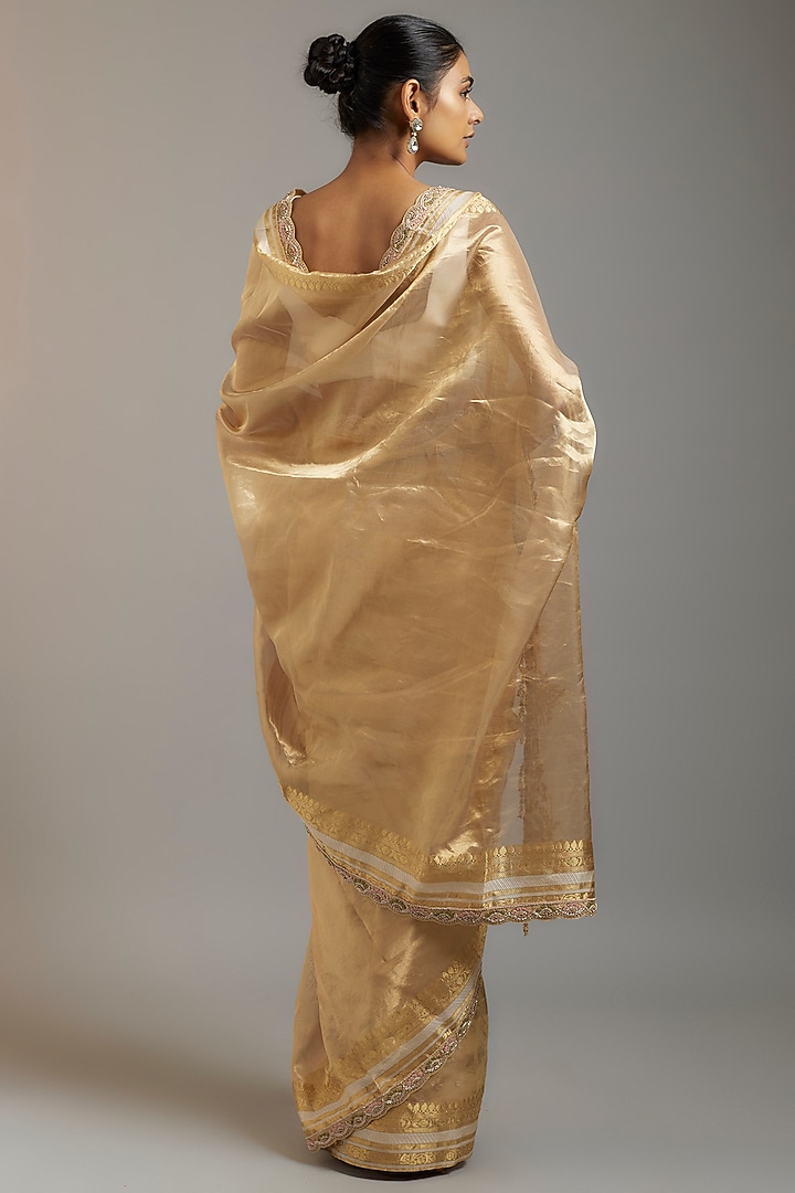 Gold Tissue Organza Sequins Embellished Reception Saree Set by Kalighata at Pernia's Pop Up Shop