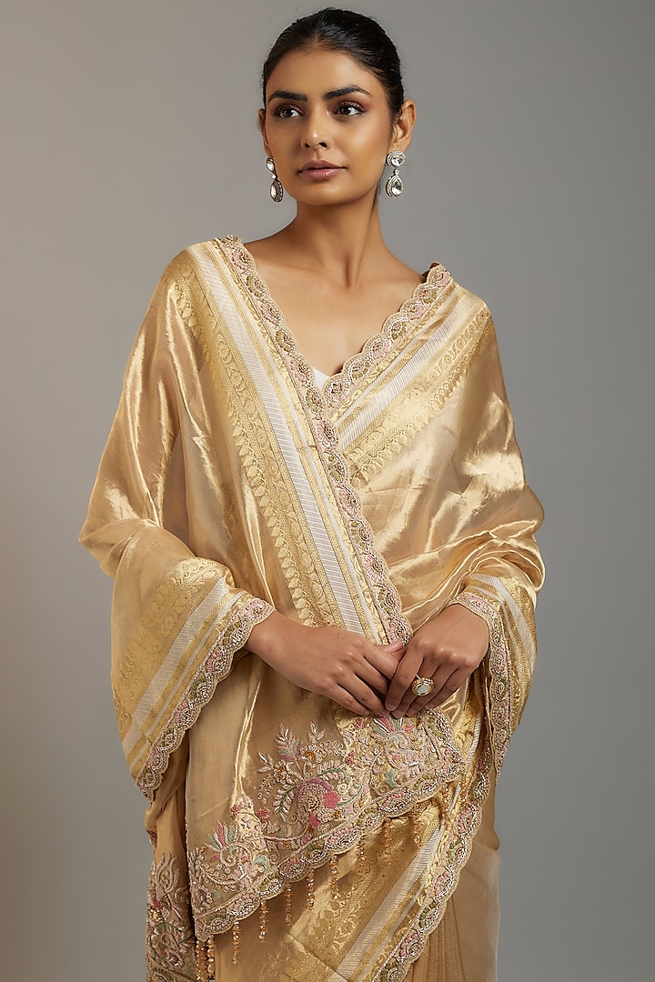 Gold Tissue Organza Sequins Embellished Reception Saree Set by Kalighata at Pernia's Pop Up Shop
