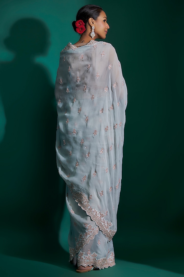 Ice Blue Organza Sequins Machine Embroidered Wedding Saree Set by Kalighata at Pernia's Pop Up Shop