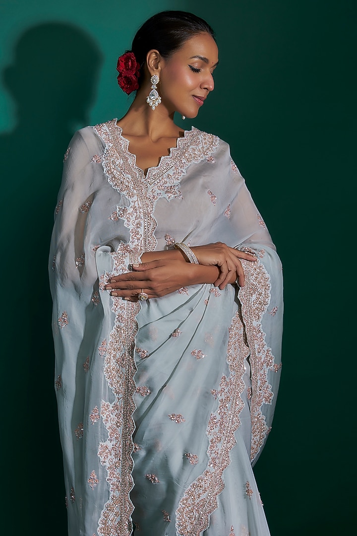 Ice Blue Organza Sequins Machine Embroidered Wedding Saree Set by Kalighata at Pernia's Pop Up Shop