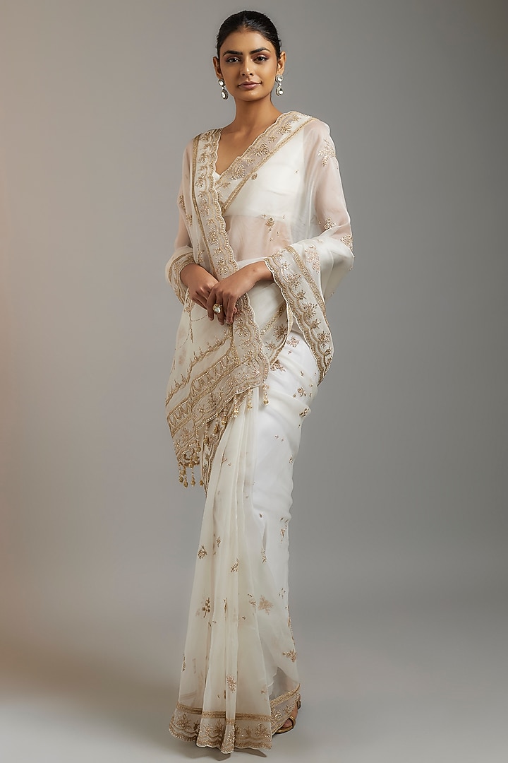 Ivory Tissue Organza Sequins Embellished Reception Saree Set by Kalighata at Pernia's Pop Up Shop