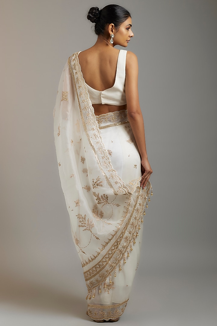 Ivory Tissue Organza Sequins Embellished Reception Saree Set by Kalighata at Pernia's Pop Up Shop