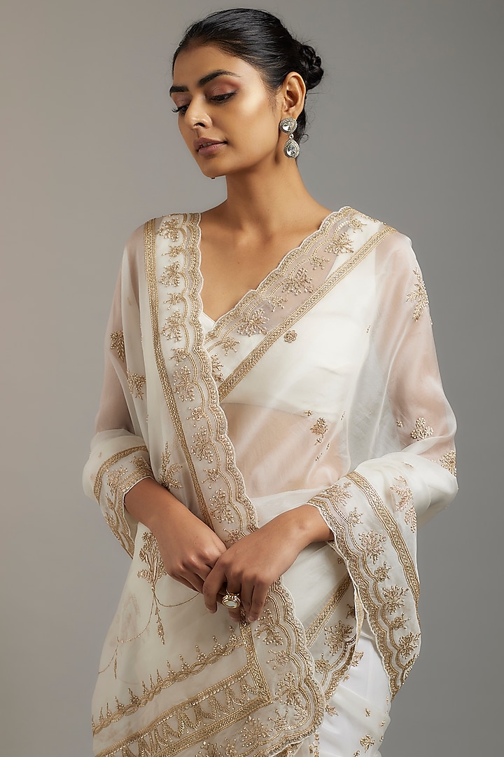 Ivory Tissue Organza Sequins Embellished Reception Saree Set by Kalighata at Pernia's Pop Up Shop