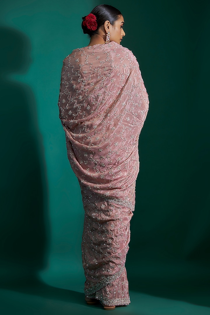 Pink Tissue Sequins Hand Embroidered Reception Saree Set by Kalighata at Pernia's Pop Up Shop