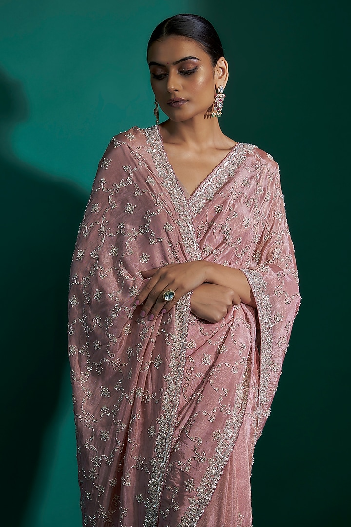 Pink Tissue Sequins Hand Embroidered Reception Saree Set by Kalighata at Pernia's Pop Up Shop