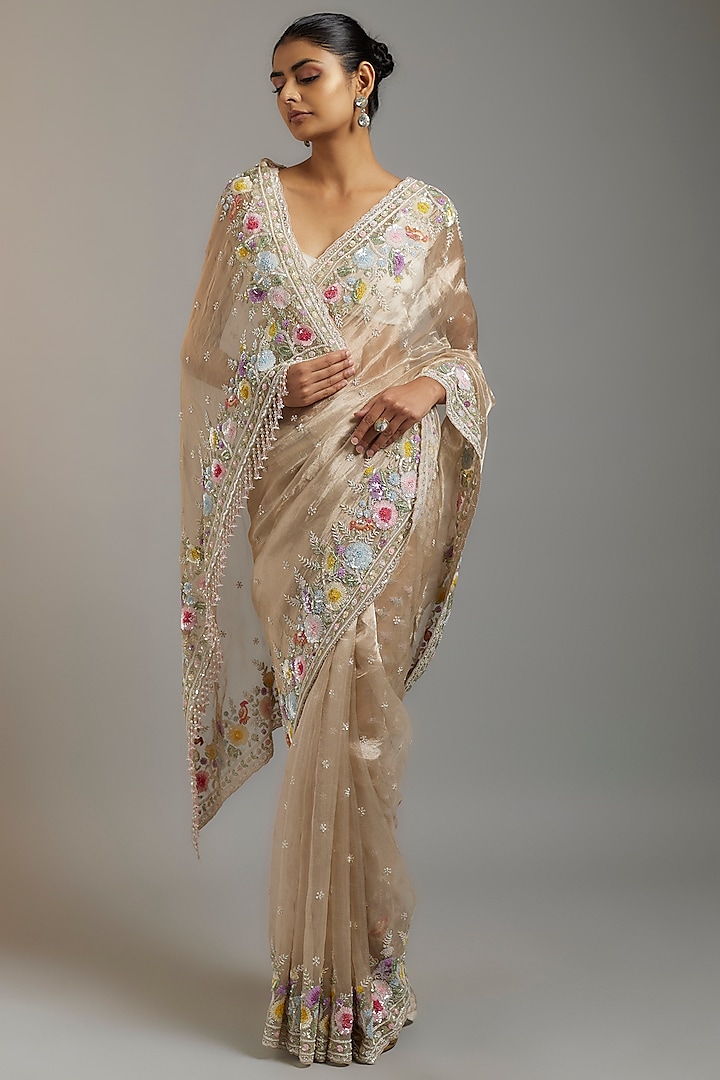 Gold Tissue Organza Sequins Embellished Reception Saree Set by Kalighata at Pernia's Pop Up Shop