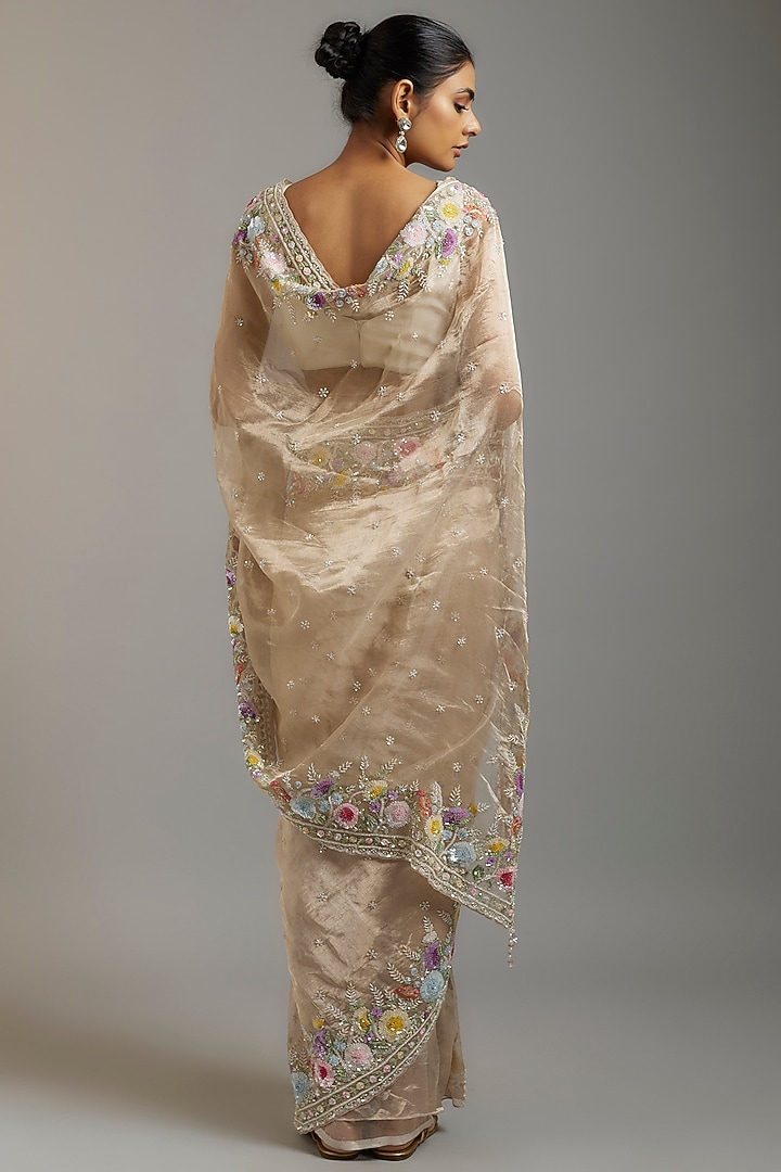 Gold Tissue Organza Sequins Embellished Reception Saree Set by Kalighata at Pernia's Pop Up Shop