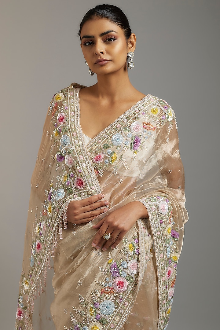 Gold Tissue Organza Sequins Embellished Reception Saree Set by Kalighata at Pernia's Pop Up Shop