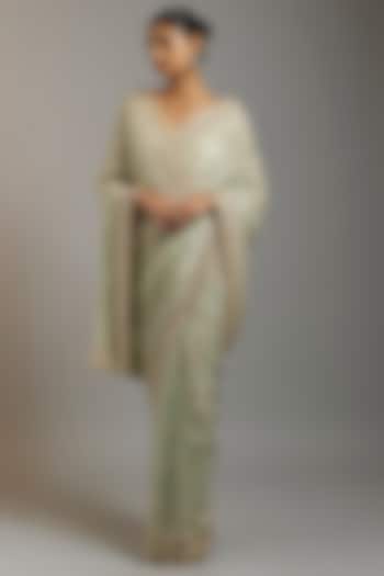 Mint Tissue Organza Sequins Embellished Reception Saree Set by Kalighata at Pernia's Pop Up Shop