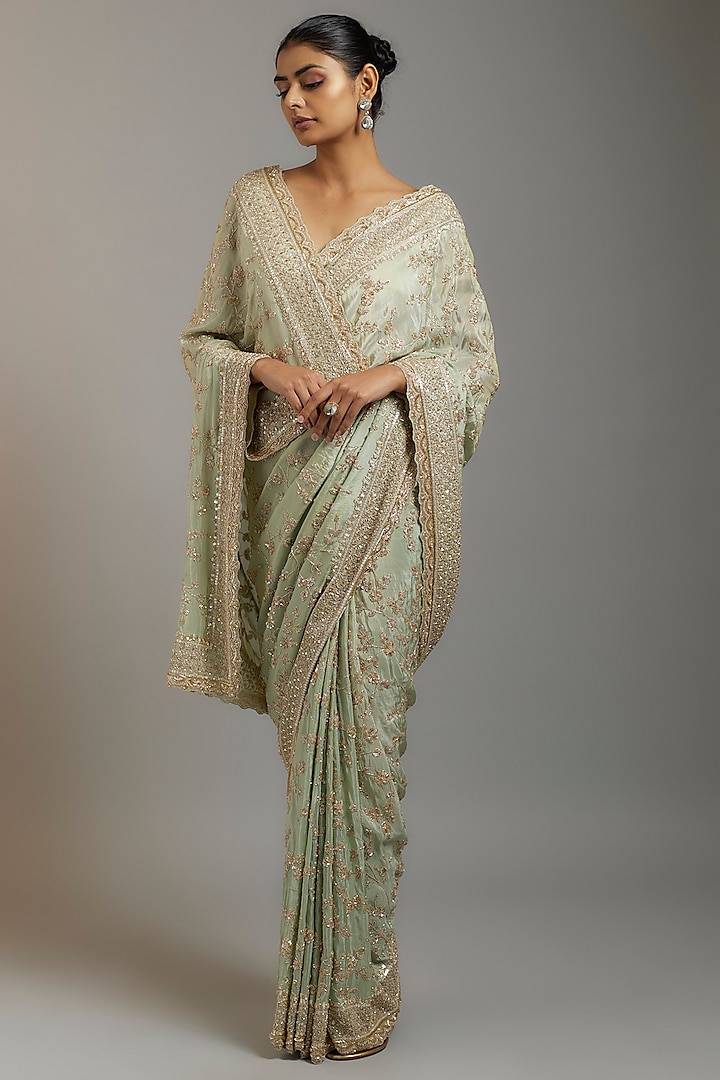 Mint Tissue Organza Sequins Embellished Reception Saree Set by Kalighata at Pernia's Pop Up Shop
