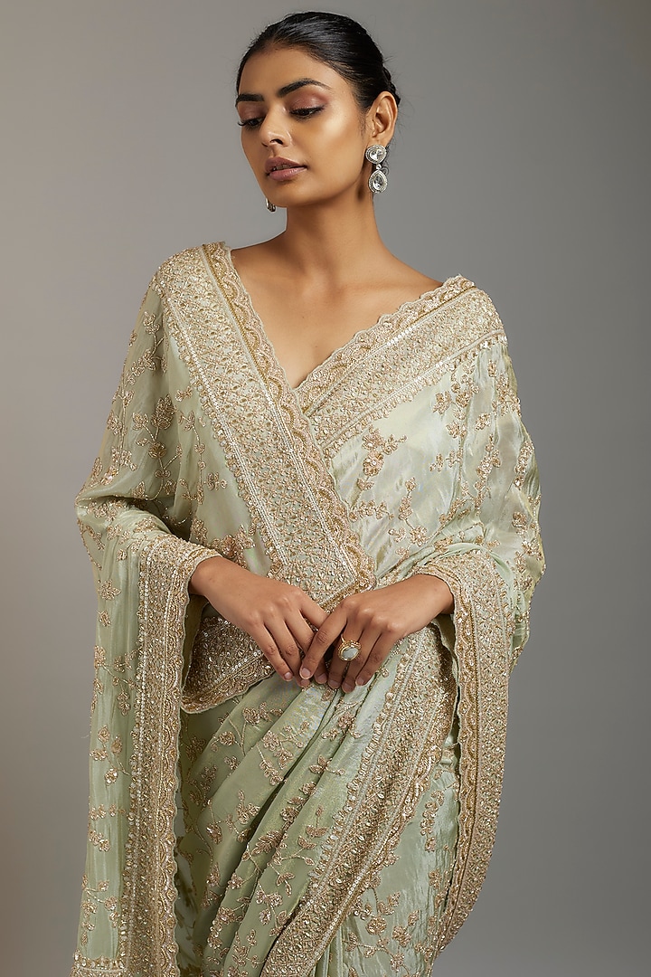 Mint Tissue Organza Sequins Embellished Reception Saree Set by Kalighata at Pernia's Pop Up Shop