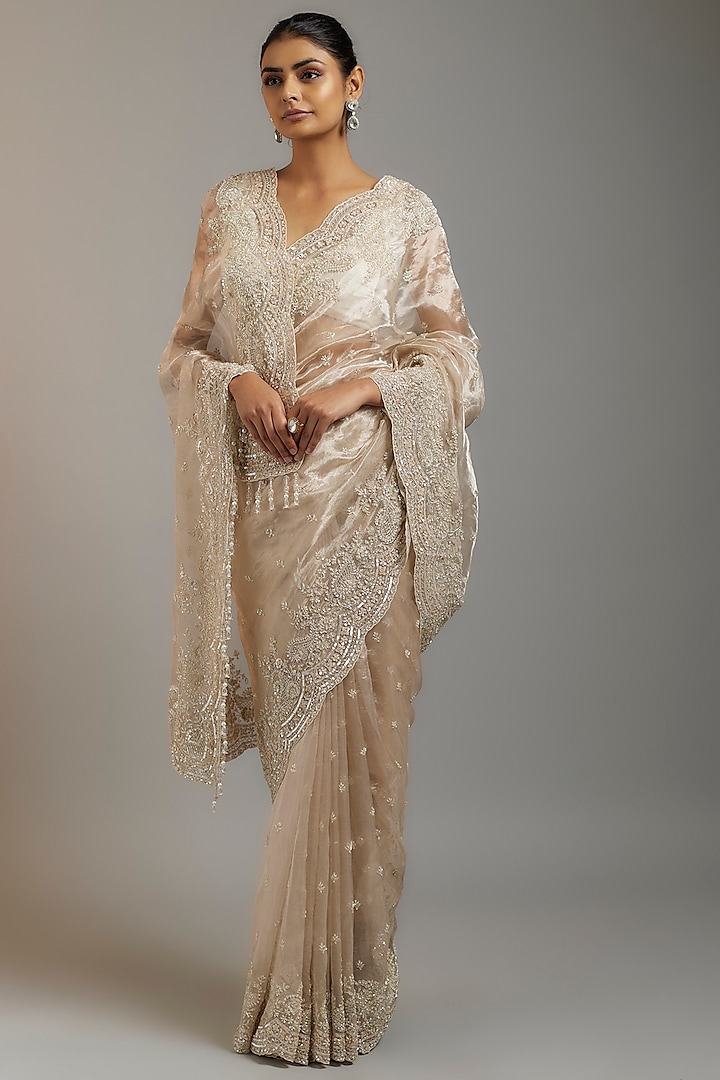 Pink Tissue Organza Sequins Embellished Wedding Saree Set by Kalighata at Pernia's Pop Up Shop