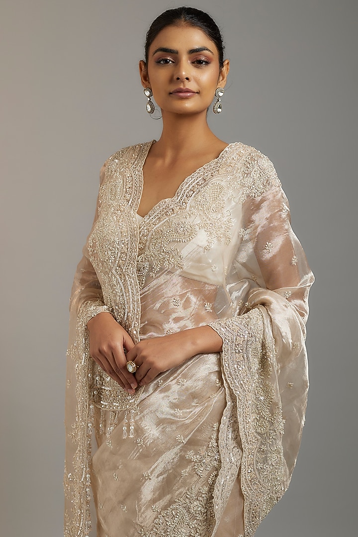 Pink Tissue Organza Sequins Embellished Wedding Saree Set by Kalighata at Pernia's Pop Up Shop
