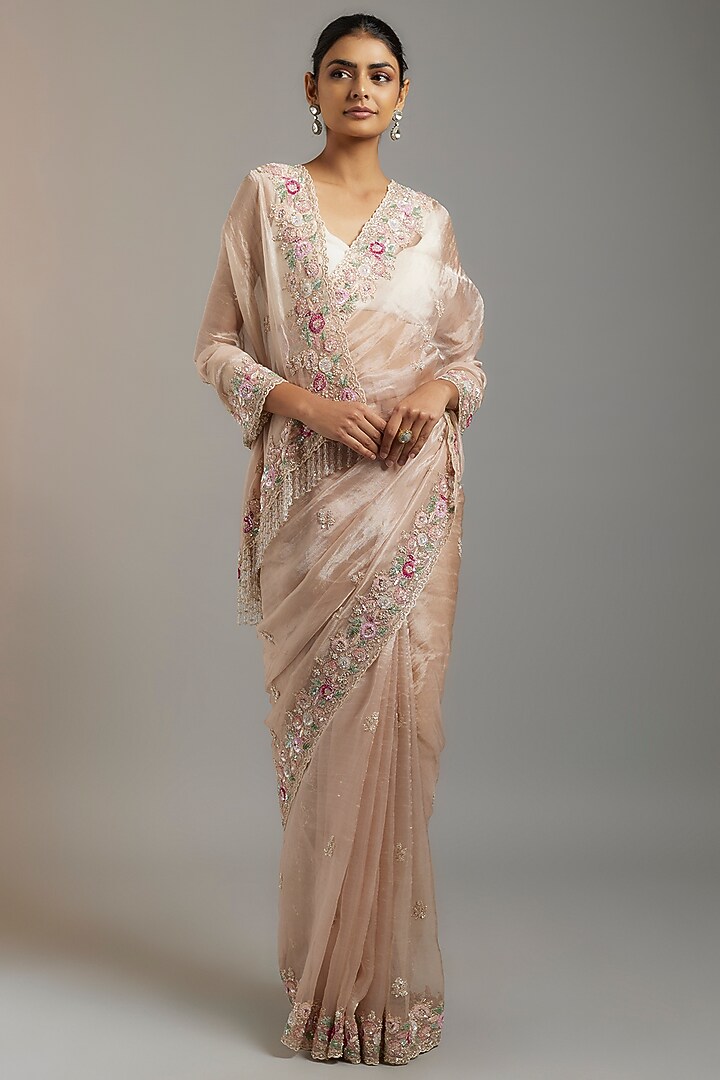 Pink Tissue Organza Sequins Embellished Wedding Saree Set by Kalighata at Pernia's Pop Up Shop