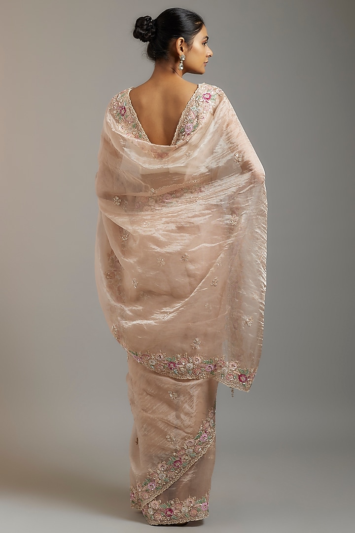 Pink Tissue Organza Sequins Embellished Wedding Saree Set by Kalighata at Pernia's Pop Up Shop