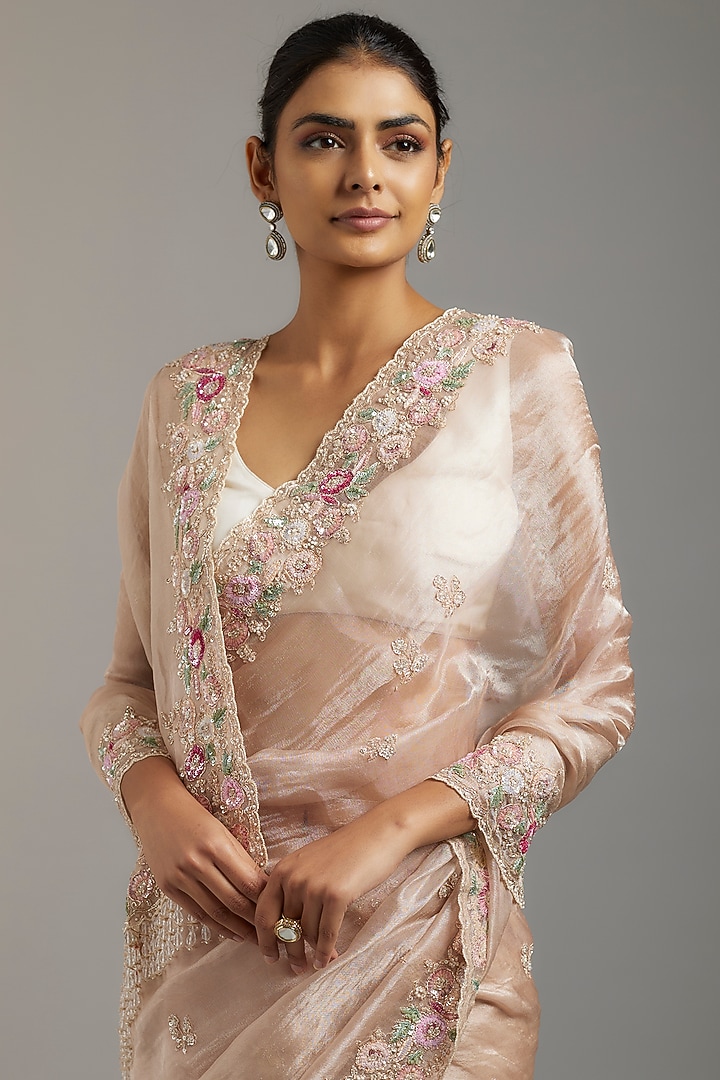 Pink Tissue Organza Sequins Embellished Wedding Saree Set by Kalighata at Pernia's Pop Up Shop