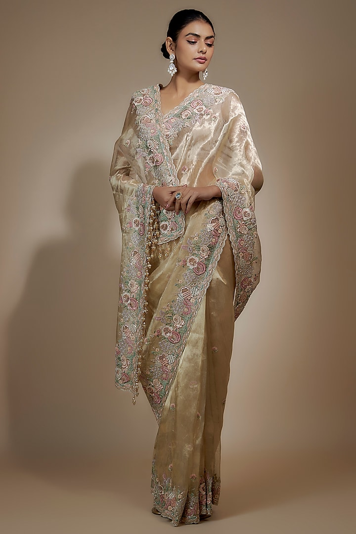 Gold Tissue Organza Sequin Embellished Saree Set by Kalighata