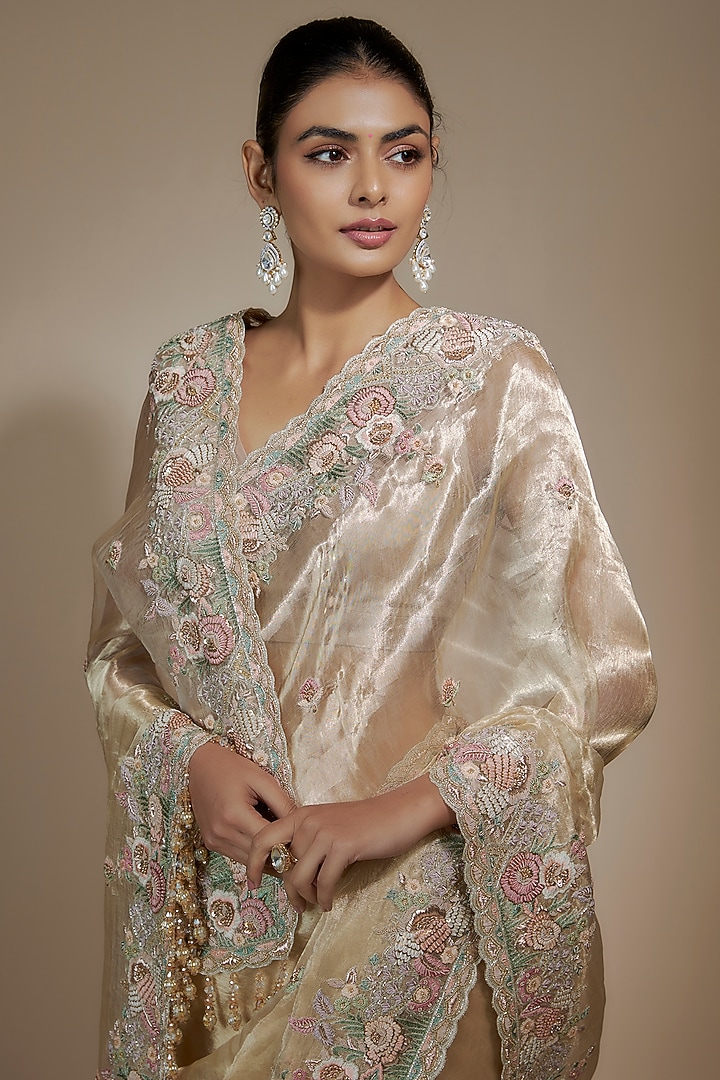 Gold Tissue Organza Sequin Embellished Bridal Saree Set by Kalighata at Pernia's Pop Up Shop