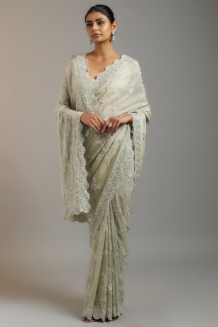Mint Tissue Organza Sequins Embellished Reception Saree Set by Kalighata at Pernia's Pop Up Shop