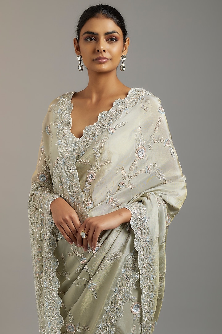 Mint Tissue Organza Sequins Embellished Reception Saree Set by Kalighata at Pernia's Pop Up Shop