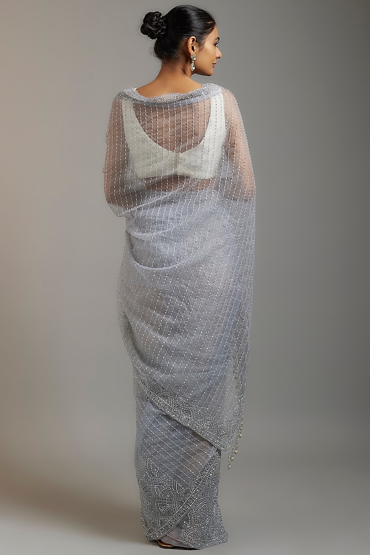 Ice Blue Tissue Organza Sequins Embellished Wedding Saree Set by Kalighata at Pernia's Pop Up Shop
