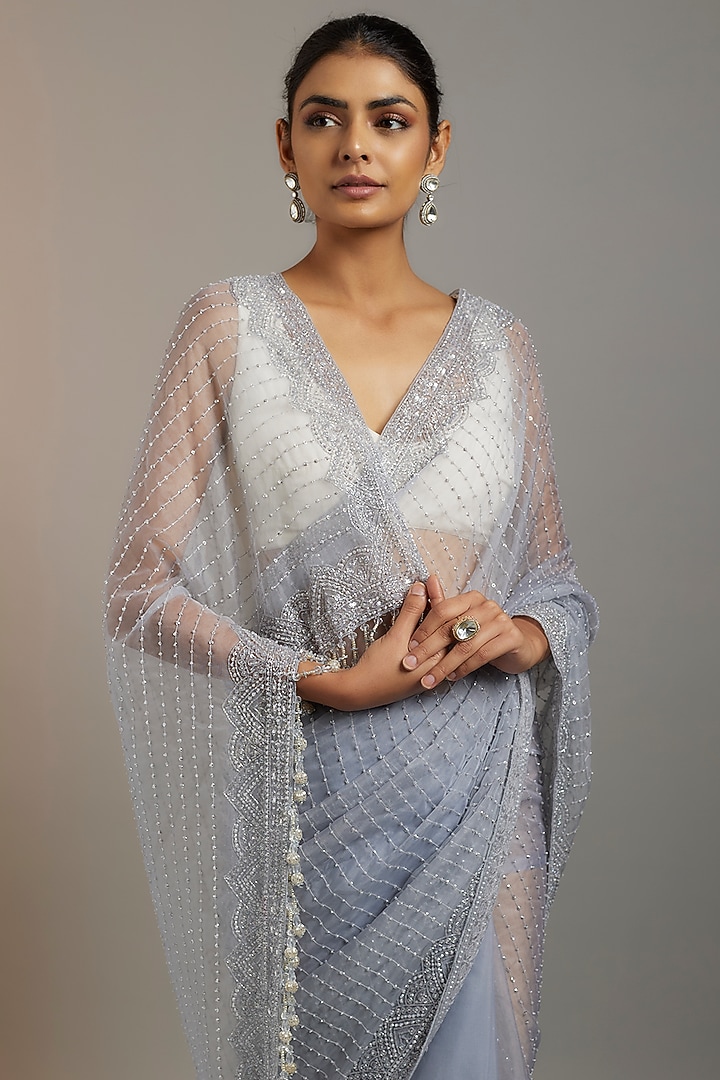 Ice Blue Tissue Organza Sequins Embellished Wedding Saree Set by Kalighata at Pernia's Pop Up Shop