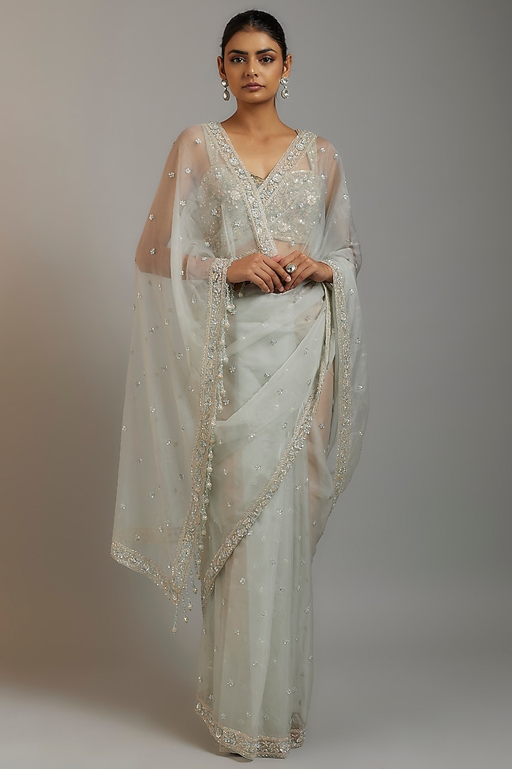 Mint Tissue Organza Sequins Embellished Wedding Saree Set by Kalighata at Pernia's Pop Up Shop