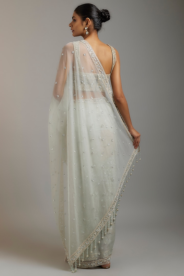 Mint Tissue Organza Sequins Embellished Wedding Saree Set by Kalighata at Pernia's Pop Up Shop