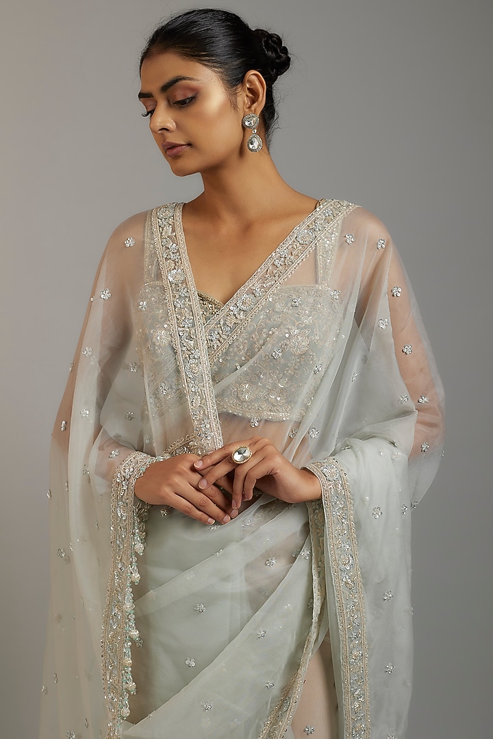 Mint Tissue Organza Sequins Embellished Wedding Saree Set by Kalighata at Pernia's Pop Up Shop