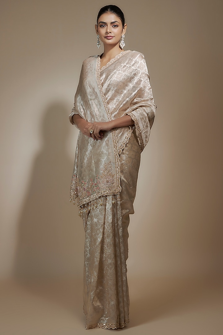 Gold Tissue Organza Sequin Embellished Saree Set by Kalighata at Pernia's Pop Up Shop