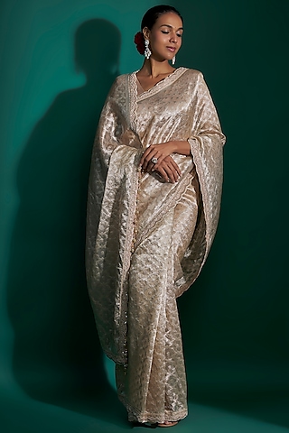 Gold Tissue Sequins Hand Embroidered Saree Set by Kalighata