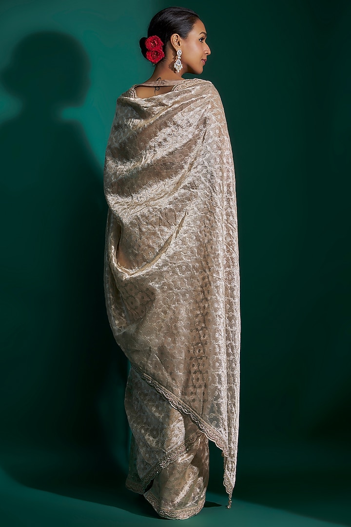 Gold Tissue Sequins Hand Embroidered Wedding Saree Set by Kalighata at Pernia's Pop Up Shop