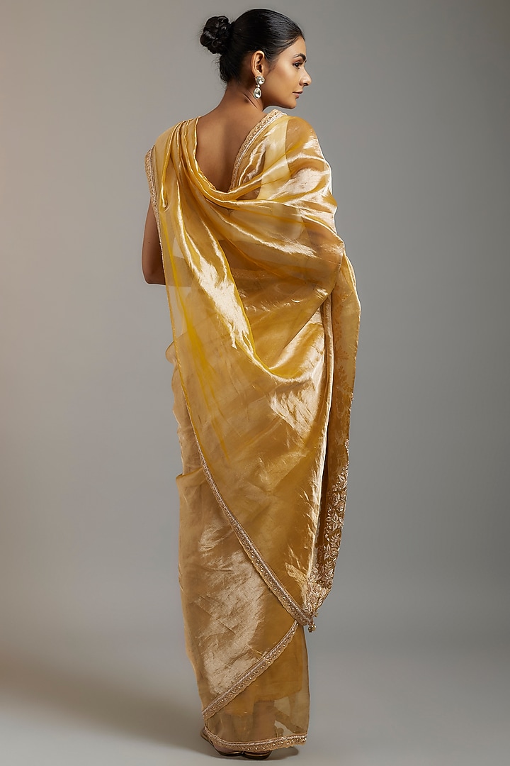 Gold Handloom Tissue Sequins Embellished Wedding Saree Set by Kalighata at Pernia's Pop Up Shop