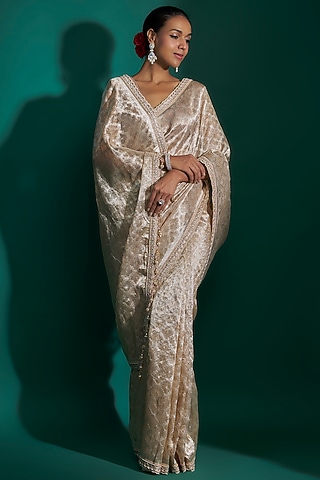 Gold Tissue Sequins Hand Embroidered Saree Set by Kalighata