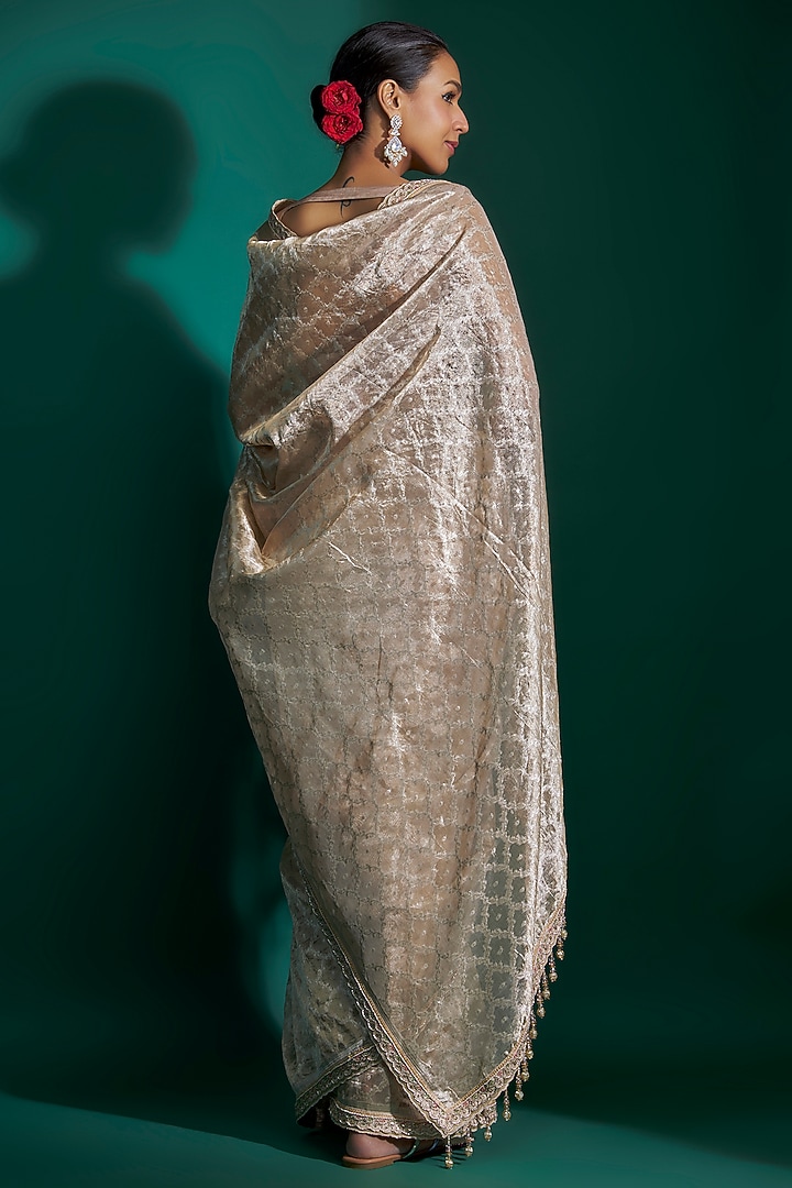 Gold Tissue Sequins Hand Embroidered Reception Saree Set by Kalighata at Pernia's Pop Up Shop