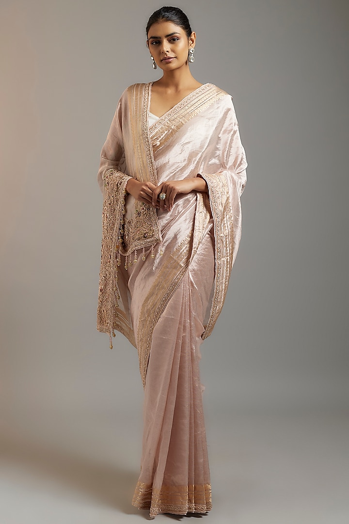 Pink Tissue Organza Sequins Embellished Reception Saree Set by Kalighata at Pernia's Pop Up Shop