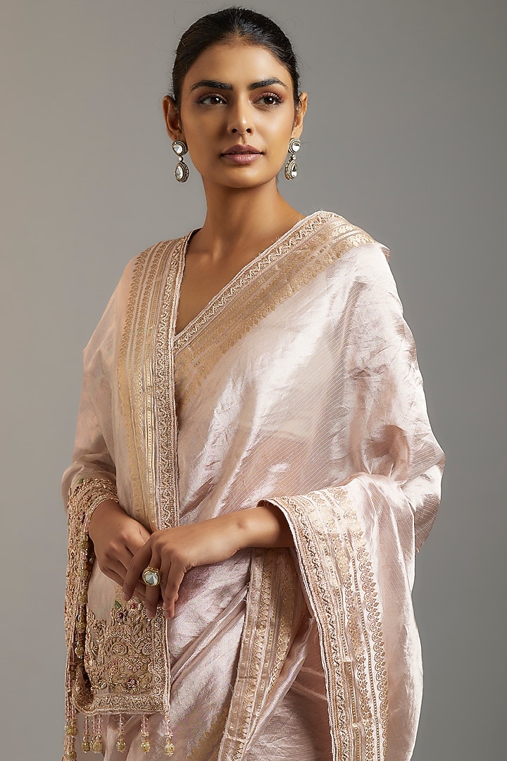 Pink Tissue Organza Sequins Embellished Reception Saree Set by Kalighata at Pernia's Pop Up Shop
