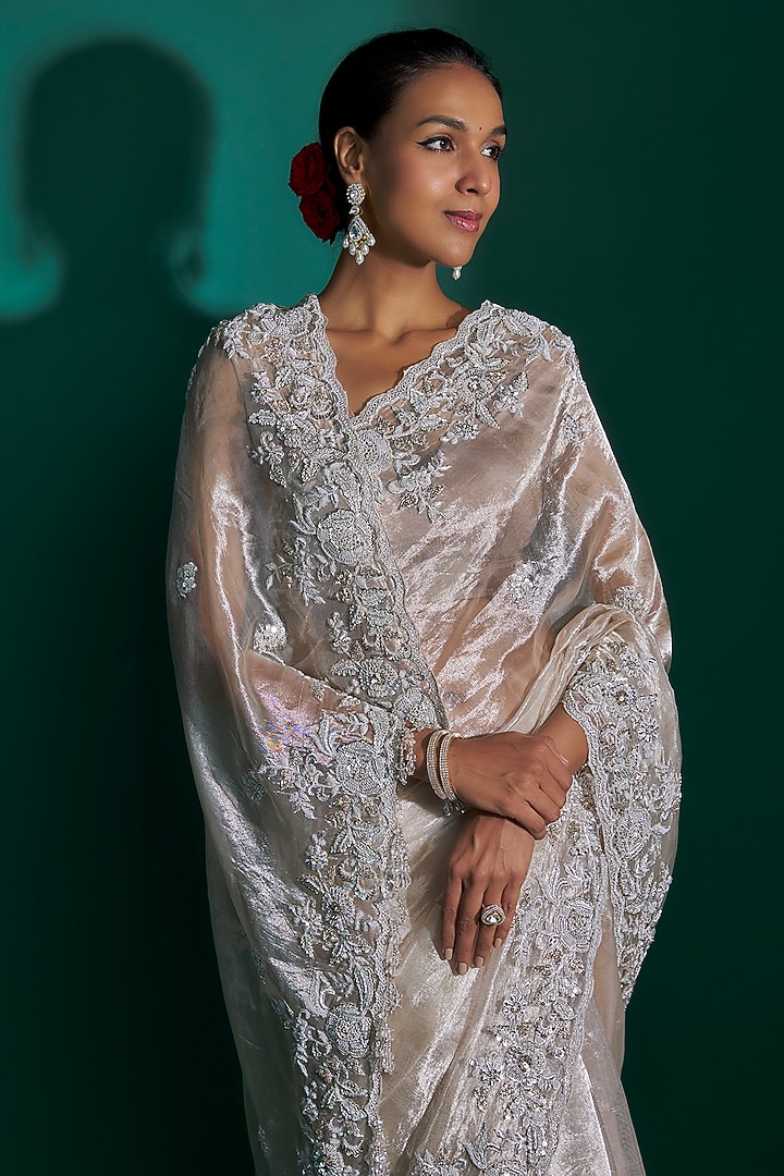 Pink Tissue Sequins Hand Embroidered Bridal Saree Set by Kalighata at Pernia's Pop Up Shop