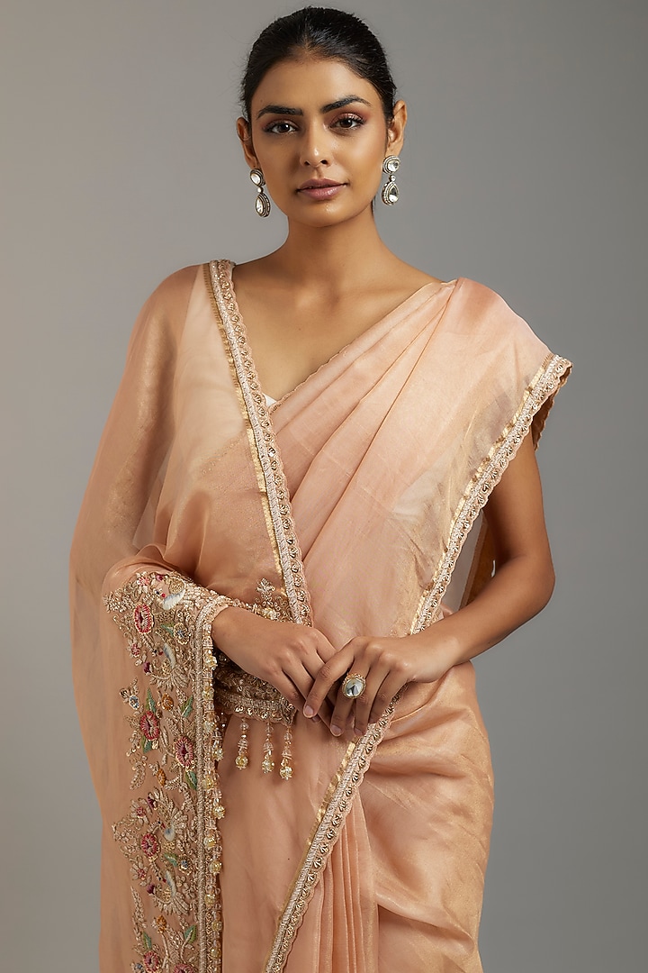 Gold Tissue Organza Sequins Embellished Wedding Saree Set by Kalighata at Pernia's Pop Up Shop