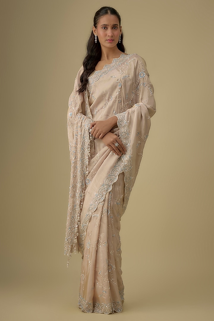 Pink Tissue Hand & Machine Embroidered Reception Saree Set by Kalighata at Pernia's Pop Up Shop