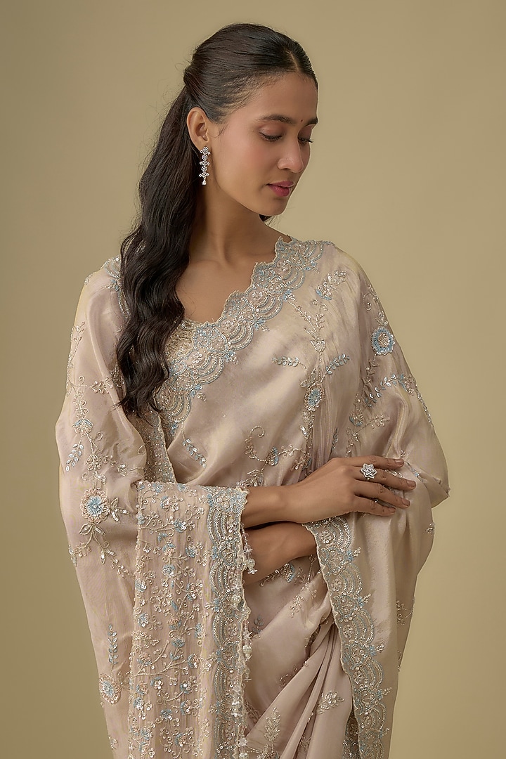 Pink Tissue Hand & Machine Embroidered Reception Saree Set by Kalighata at Pernia's Pop Up Shop