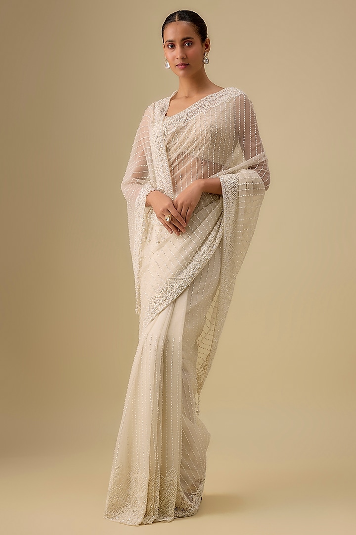 Ivory Organza Hand & Machine Embroidered Wedding Saree Set by Kalighata at Pernia's Pop Up Shop