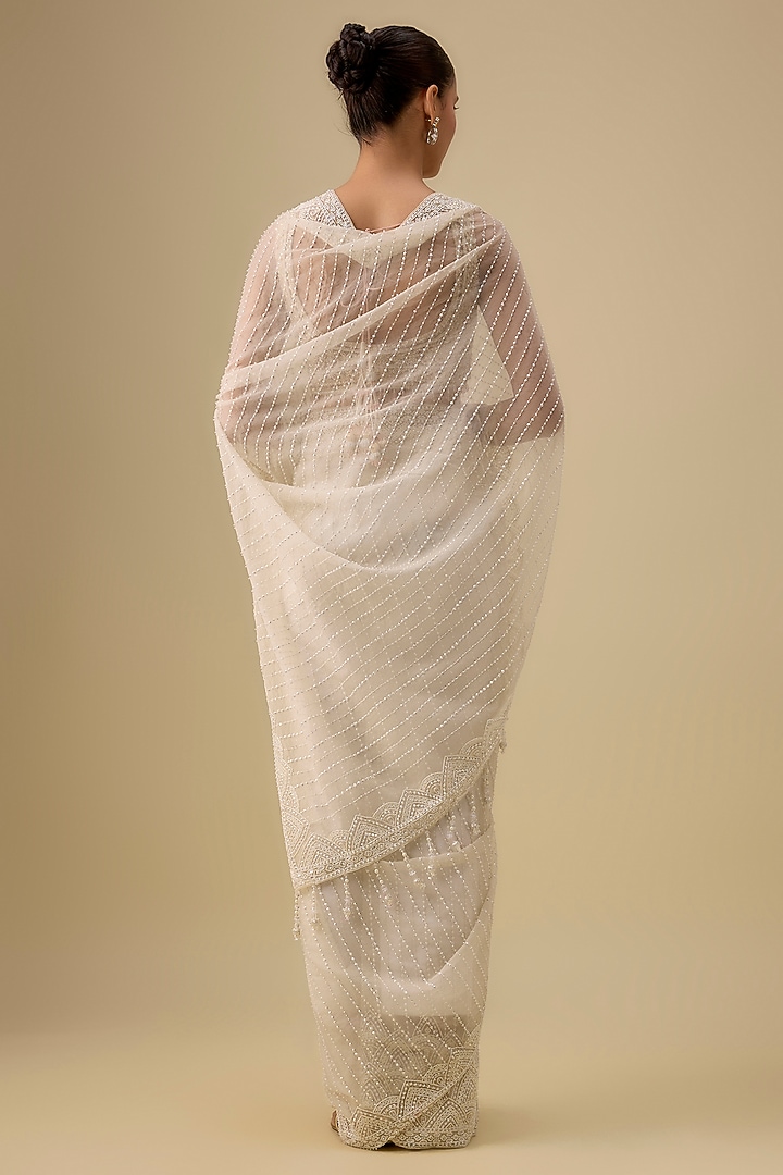 Ivory Organza Hand & Machine Embroidered Wedding Saree Set by Kalighata at Pernia's Pop Up Shop