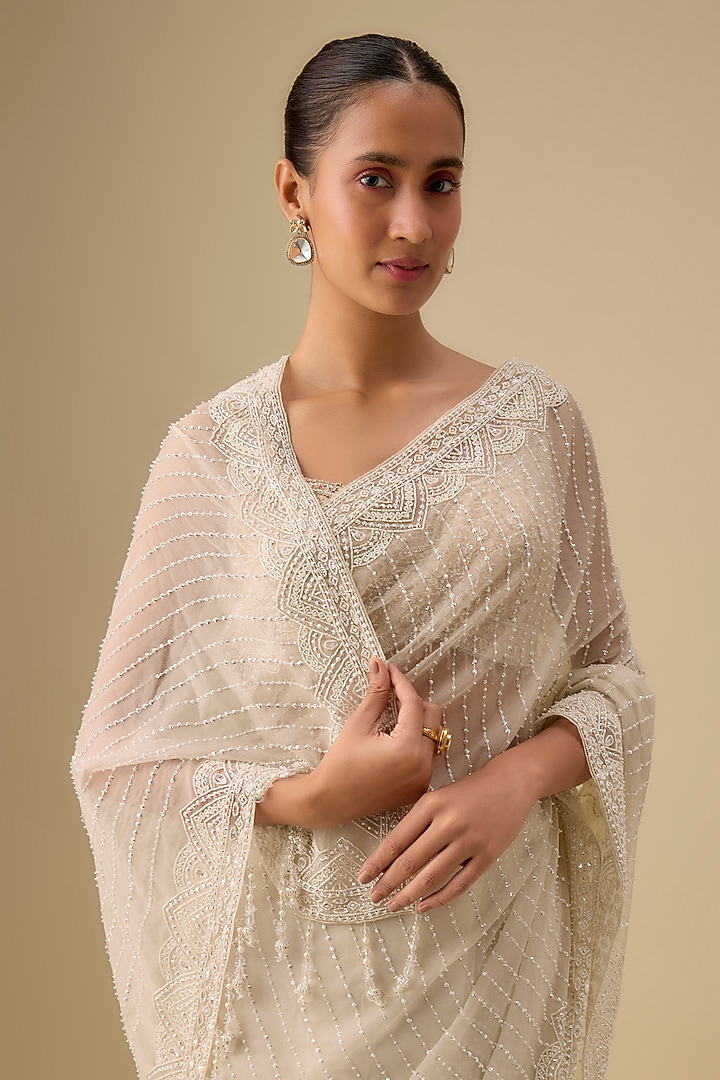 Ivory Organza Hand & Machine Embroidered Wedding Saree Set by Kalighata at Pernia's Pop Up Shop