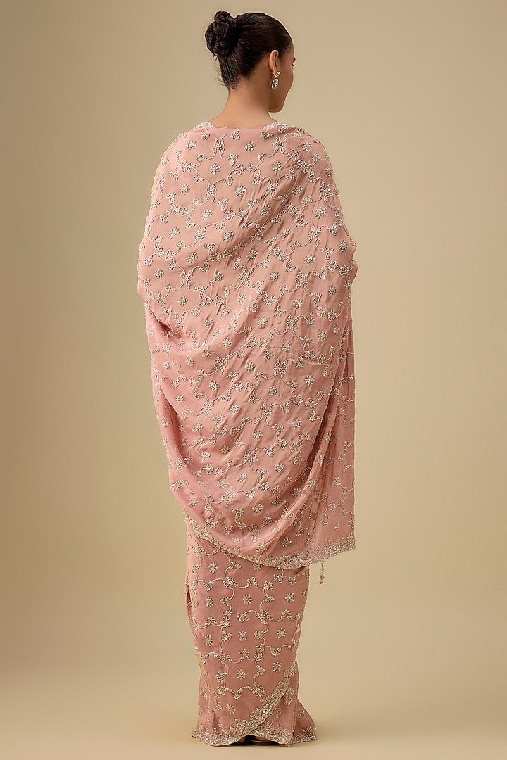 Pink Tissue Hand & Machine Embroidered Reception Saree Set by Kalighata at Pernia's Pop Up Shop