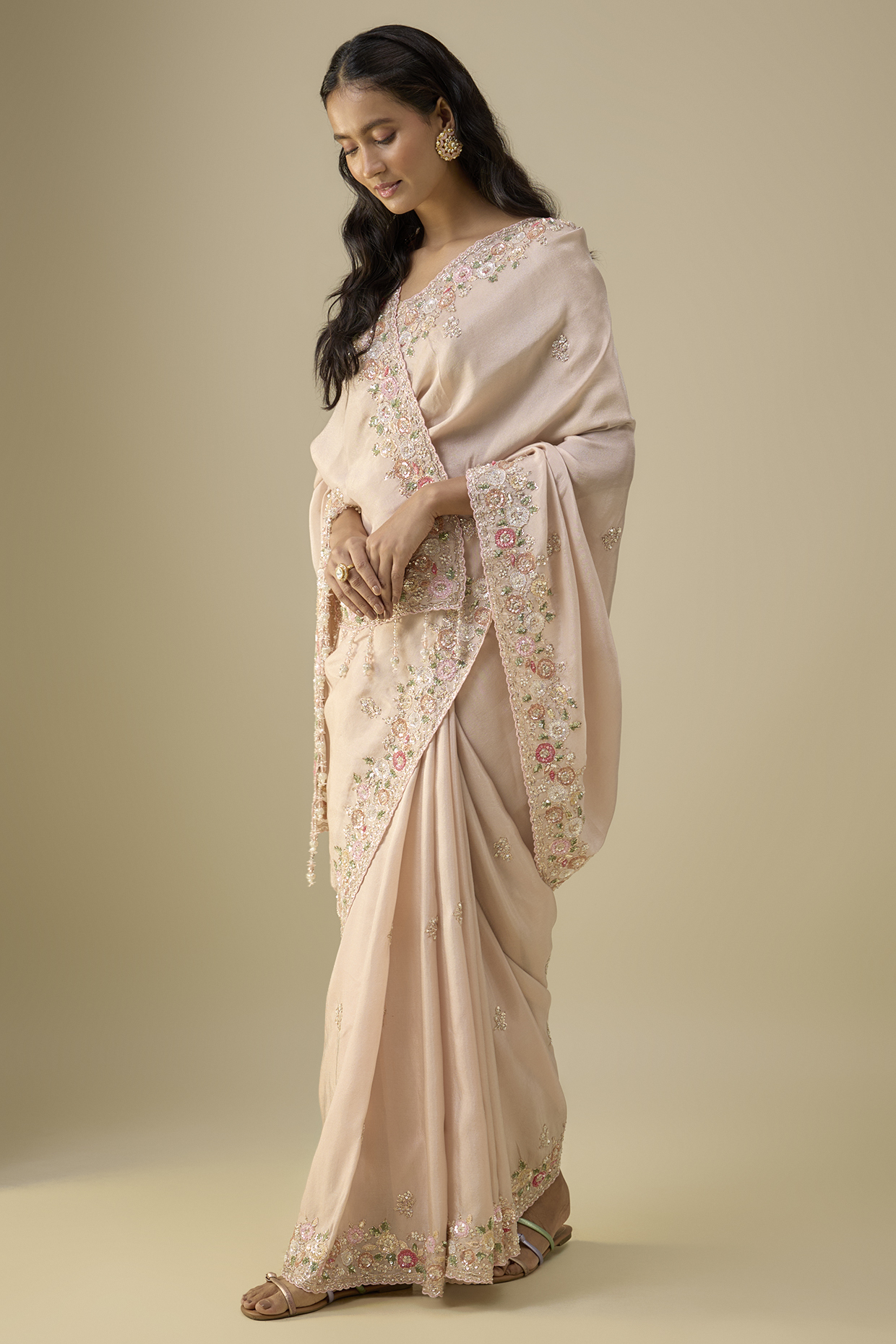Peach Tissue Sequins Embroidered Bridal Saree Set by Kalighata at Pernia's Pop Up Shop