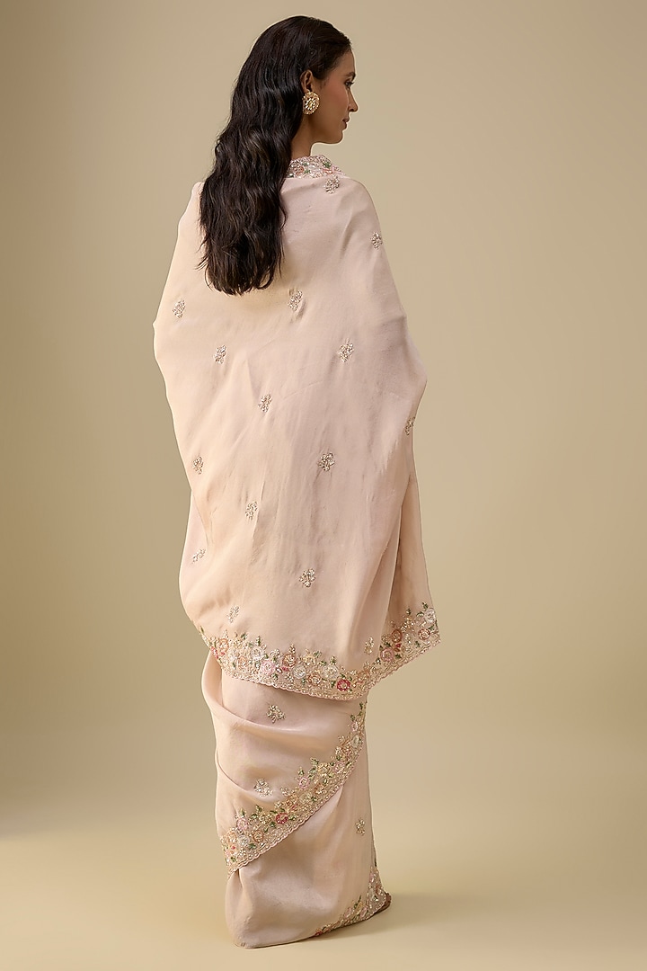 Peach Tissue Sequins Embroidered Bridal Saree Set by Kalighata at Pernia's Pop Up Shop